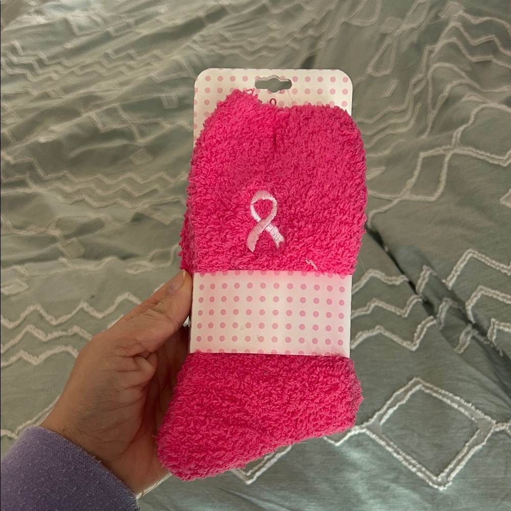 Pink Fuzzy Socks with Ribbon Embroidery